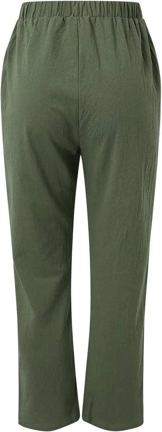 Women's Linen Blend Summer Loose Flowy Palazzo Pants Elastic Waist Stretchy Slim Fit Trouser Vacation