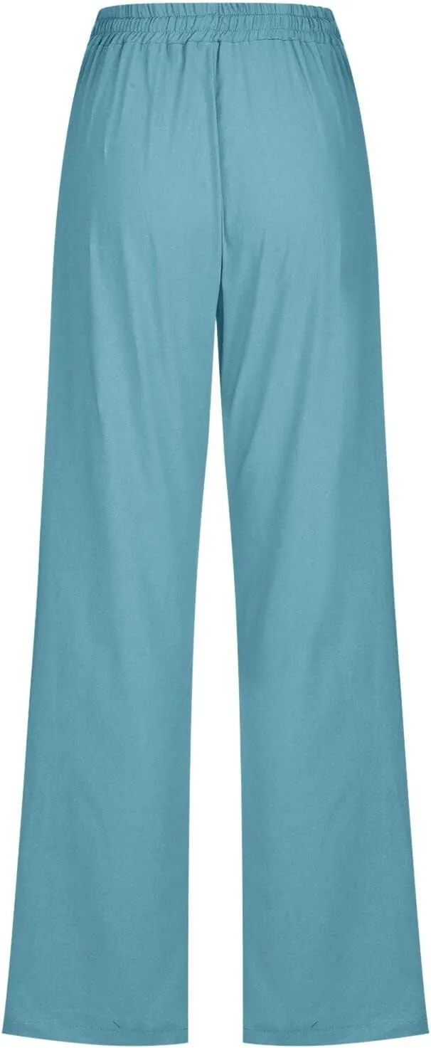Womens Linen Blend Summer Pull On Pant Trousers Elastic Waist Bootcut Slim-Fit Palazzo Pants Travel