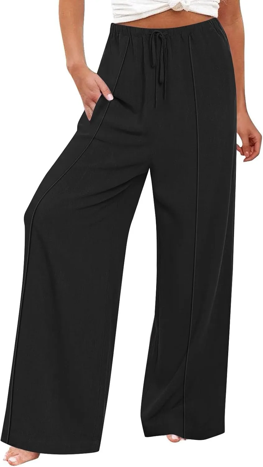 Women's Linen Palazzo Pants Loose Fit Comfy Wide Leg Pants Summer Drawstring Elastic Waist Lounge Pants with Pockets