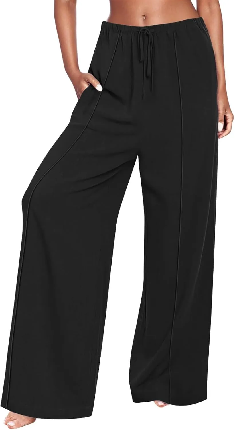 Women's Linen Palazzo Pants Loose Fit Comfy Wide Leg Pants Summer Drawstring Elastic Waist Lounge Pants with Pockets