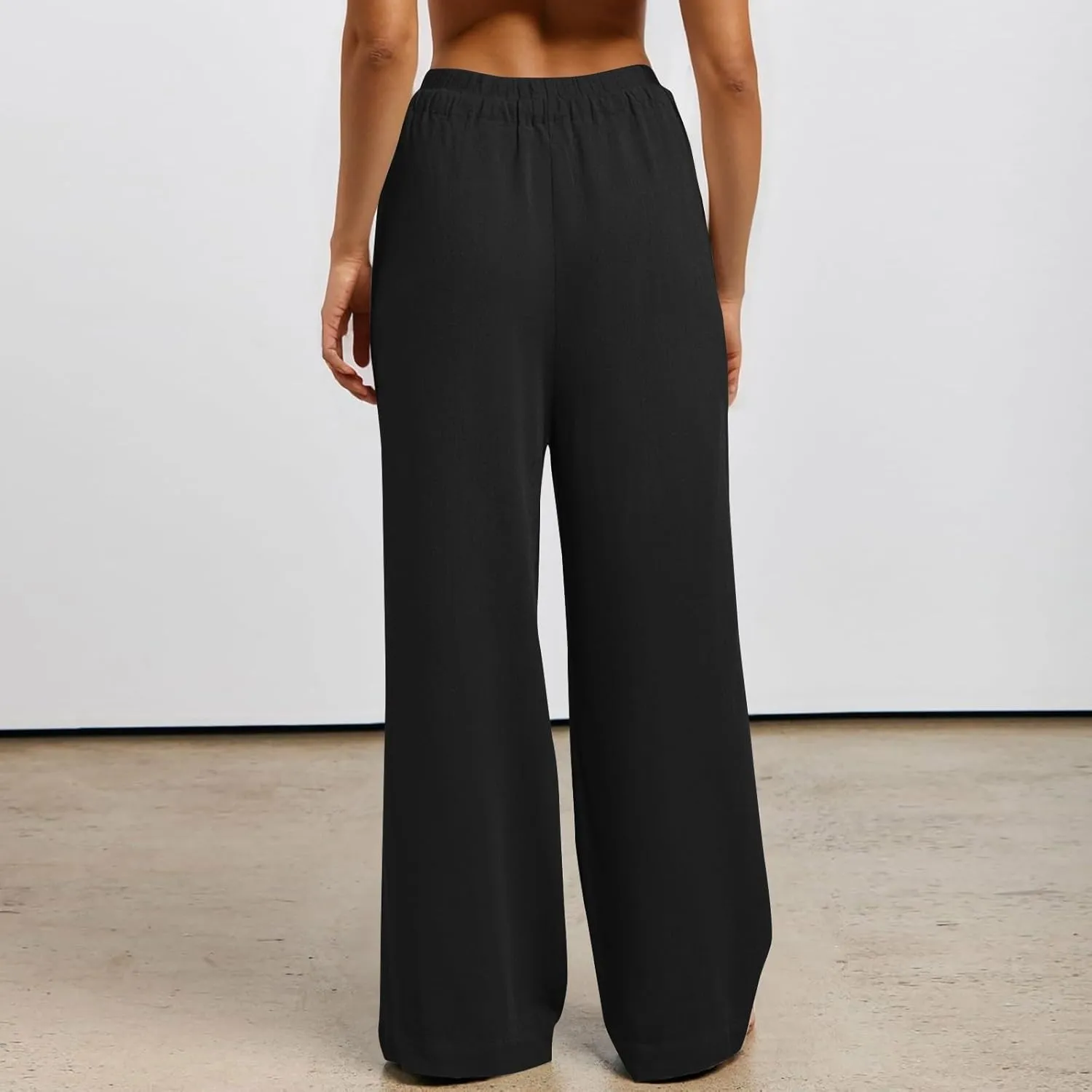 Women's Linen Palazzo Pants Loose Fit Comfy Wide Leg Pants Summer Drawstring Elastic Waist Lounge Pants with Pockets