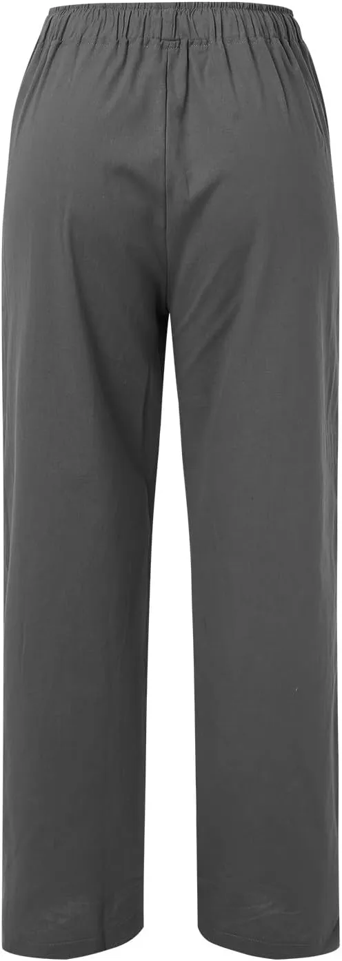 Women's Linen Pants Summer Casual Flowy Palazzo Pants Beach Baggy Wide Leg Drawstring Trousers with Pockets