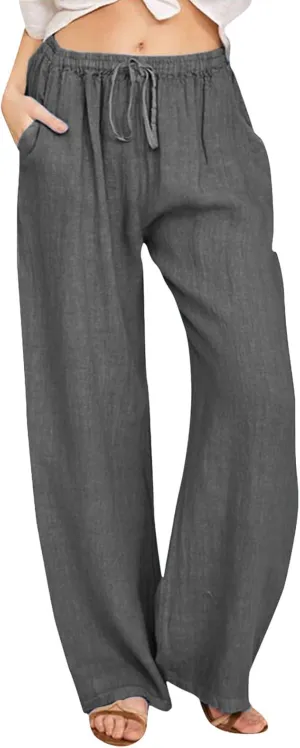 Women's Linen Pants Summer Casual Flowy Palazzo Pants Beach Baggy Wide Leg Drawstring Trousers with Pockets