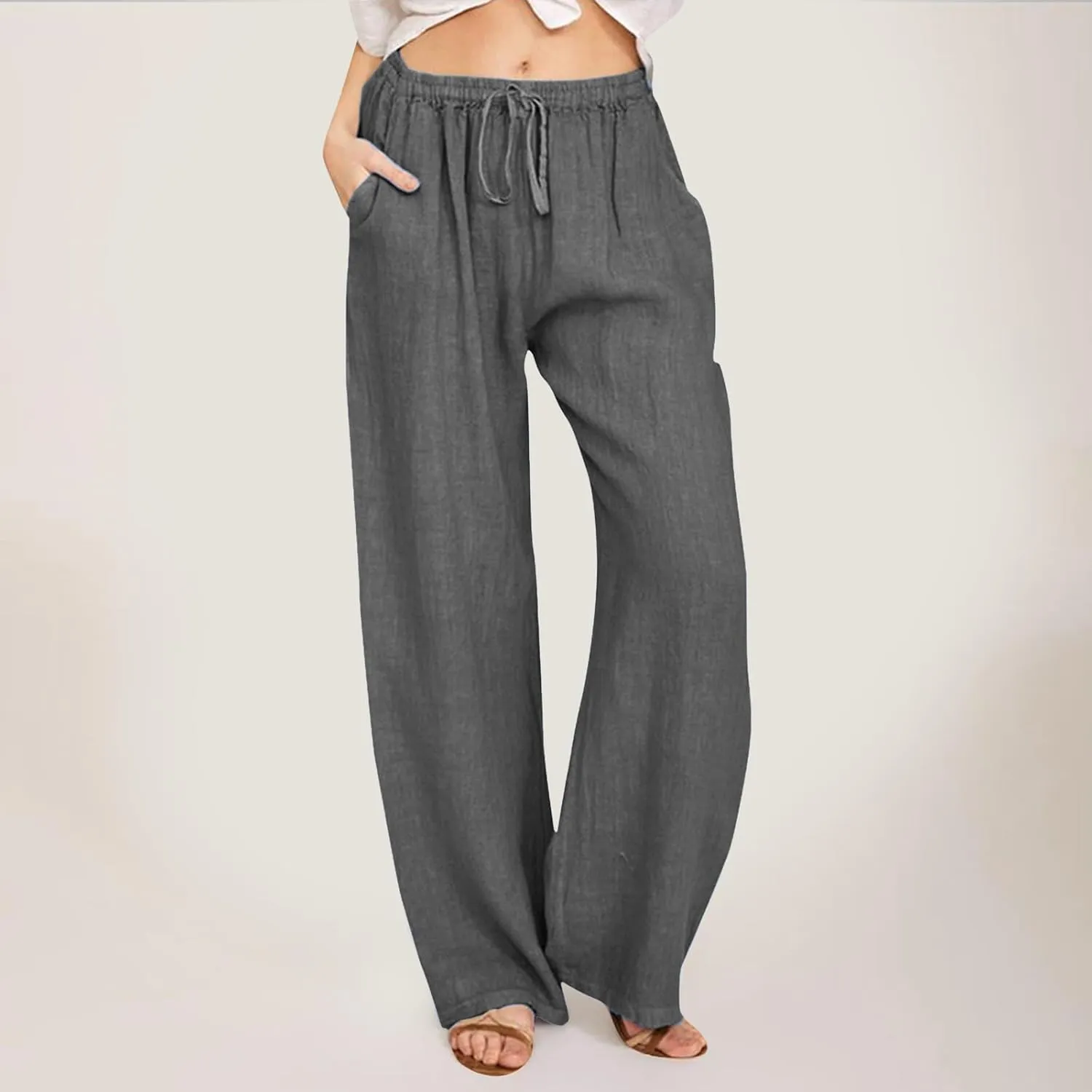 Women's Linen Pants Summer Casual Flowy Palazzo Pants Beach Baggy Wide Leg Drawstring Trousers with Pockets