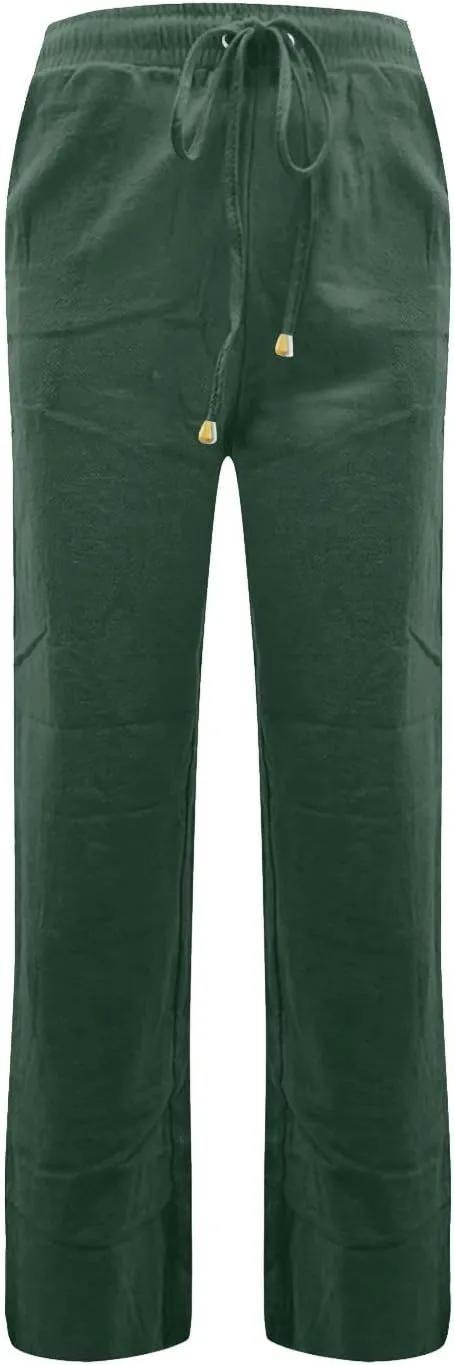 Women's Linen Pants Summer Loose Fit Straight Leg Lounge Pants with Pockets Drawstring Elastic Waist Trousers Pants