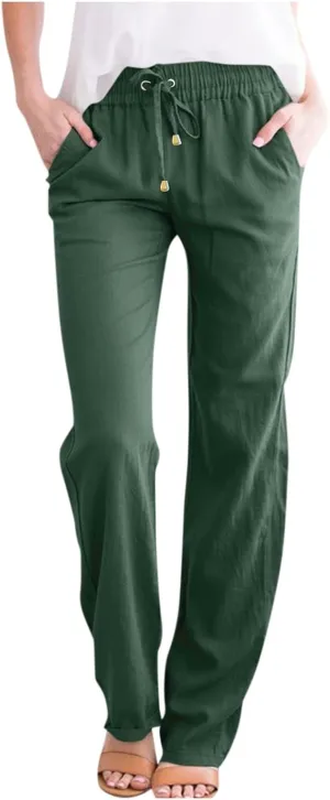 Women's Linen Pants Summer Loose Fit Straight Leg Lounge Pants with Pockets Drawstring Elastic Waist Trousers Pants