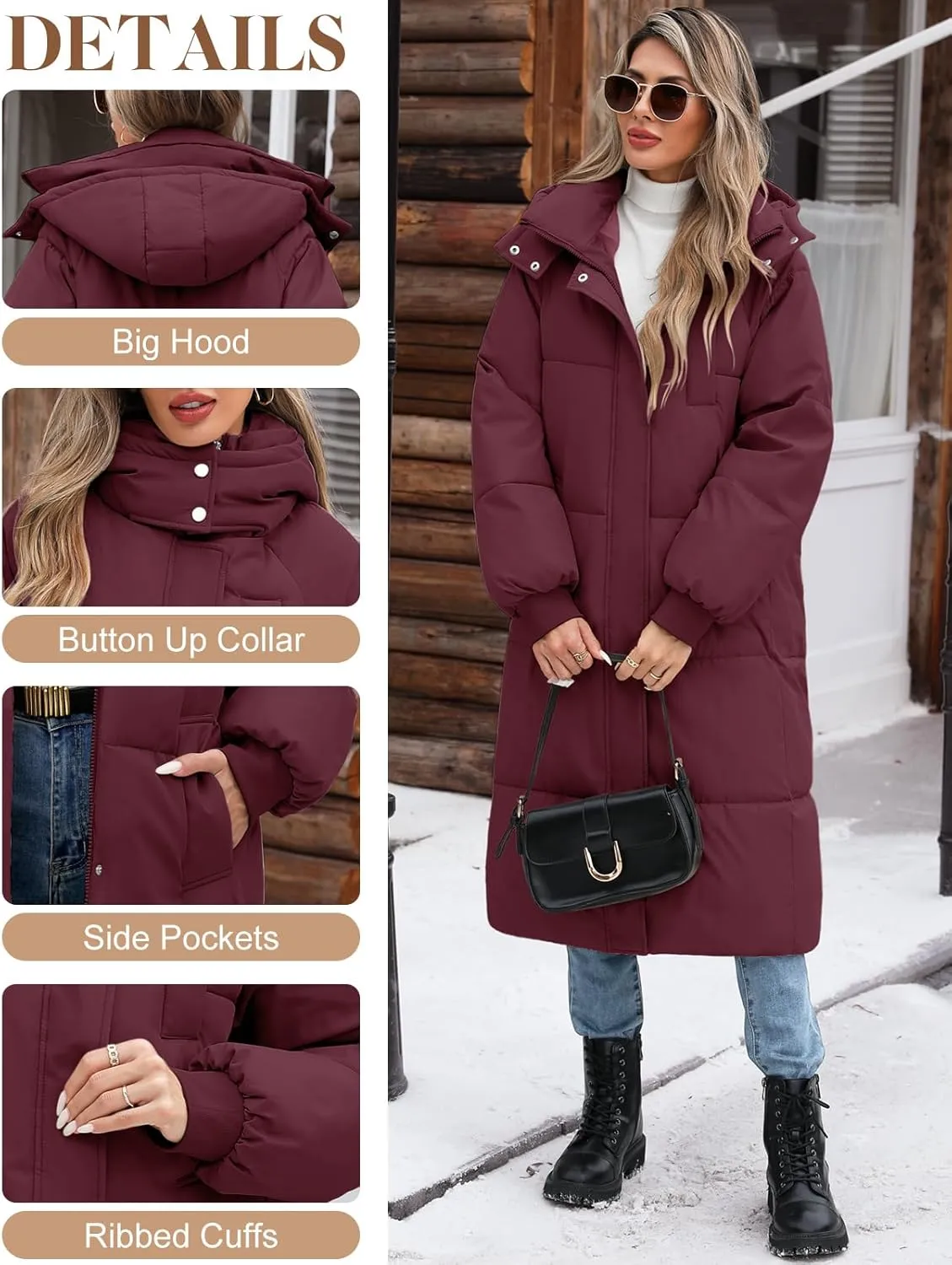 Women's Long Puffer Jacket Winter Thicken Warm Quilted Jacket Coat Fashion Hooded Zip Up Parka Outerwear with Pockets