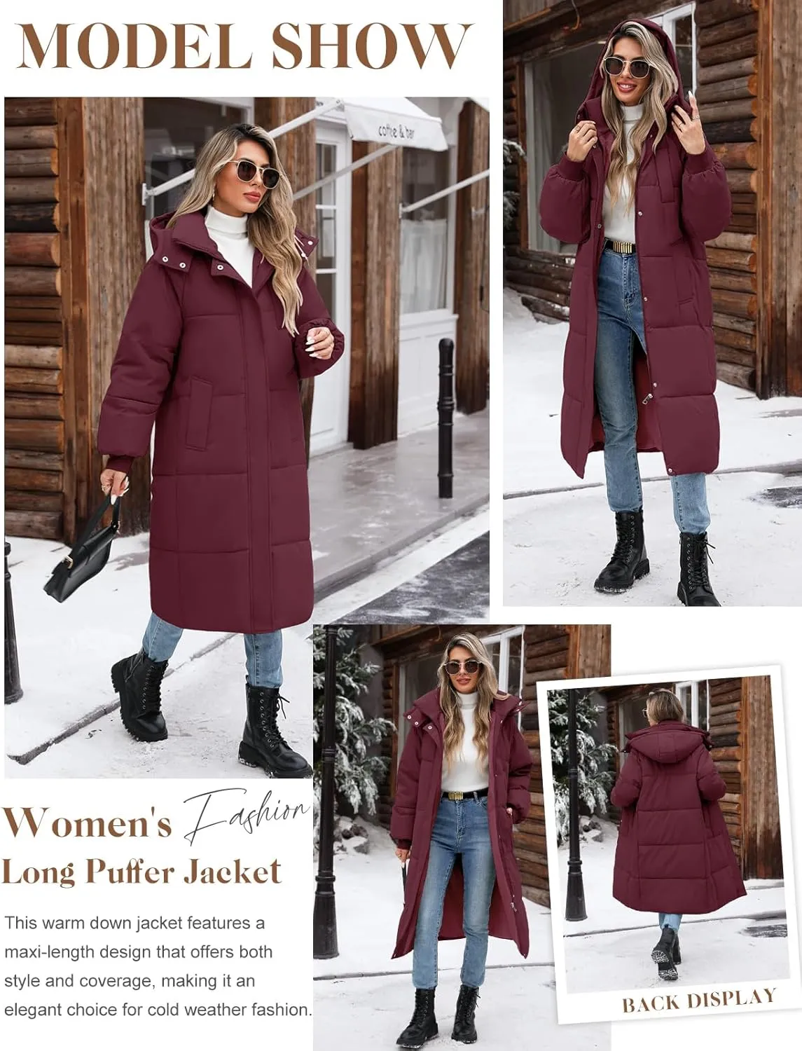 Women's Long Puffer Jacket Winter Thicken Warm Quilted Jacket Coat Fashion Hooded Zip Up Parka Outerwear with Pockets