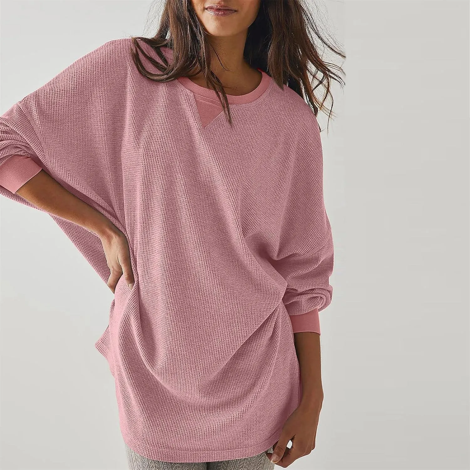 Womens Long Sleeve Crewneck Sweatshirt Trendy 2024 Casual Waffle Knit Pullover Tops Oversized Fall Sweatshirts