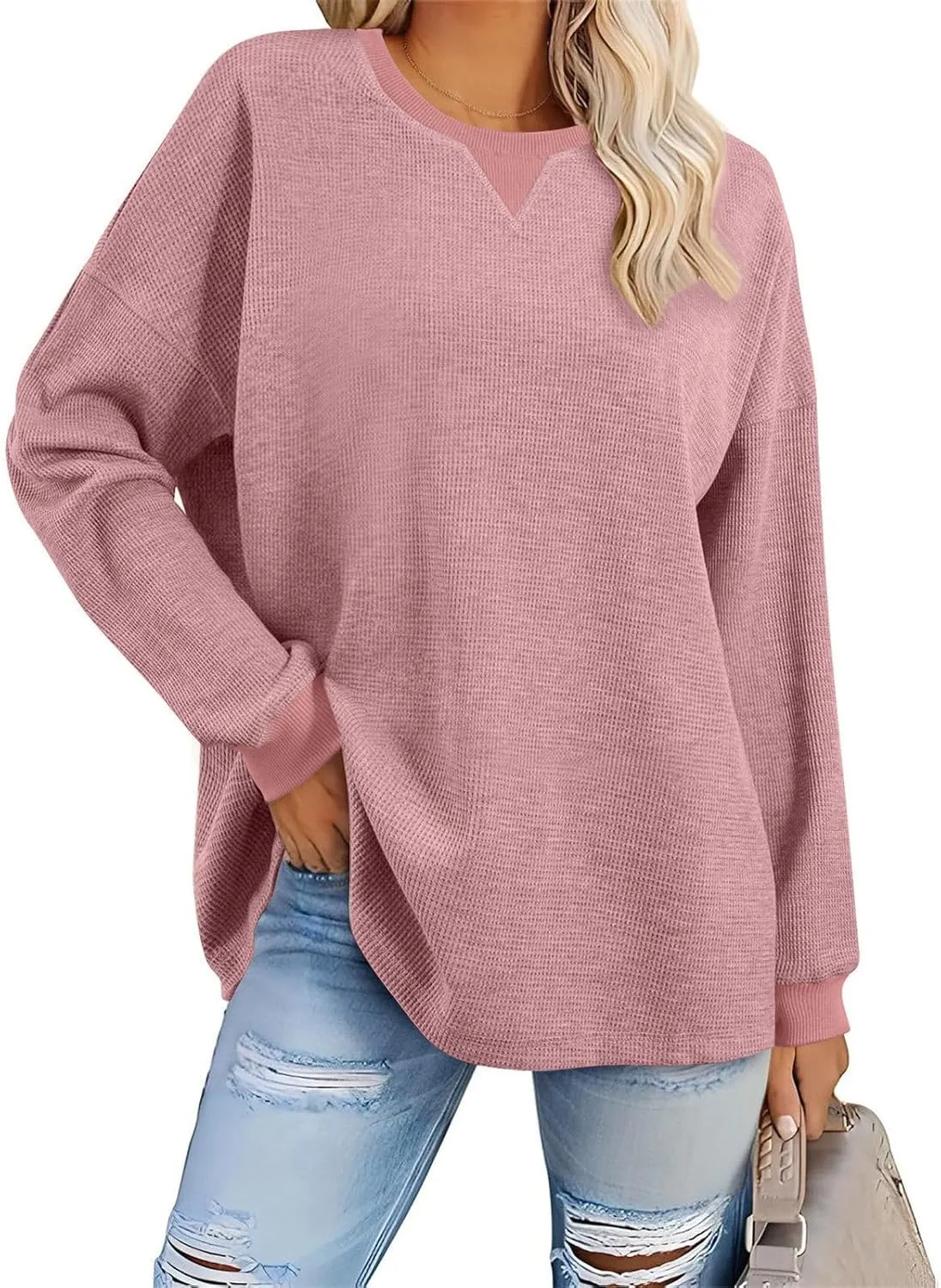 Womens Long Sleeve Crewneck Sweatshirt Trendy 2024 Casual Waffle Knit Pullover Tops Oversized Fall Sweatshirts
