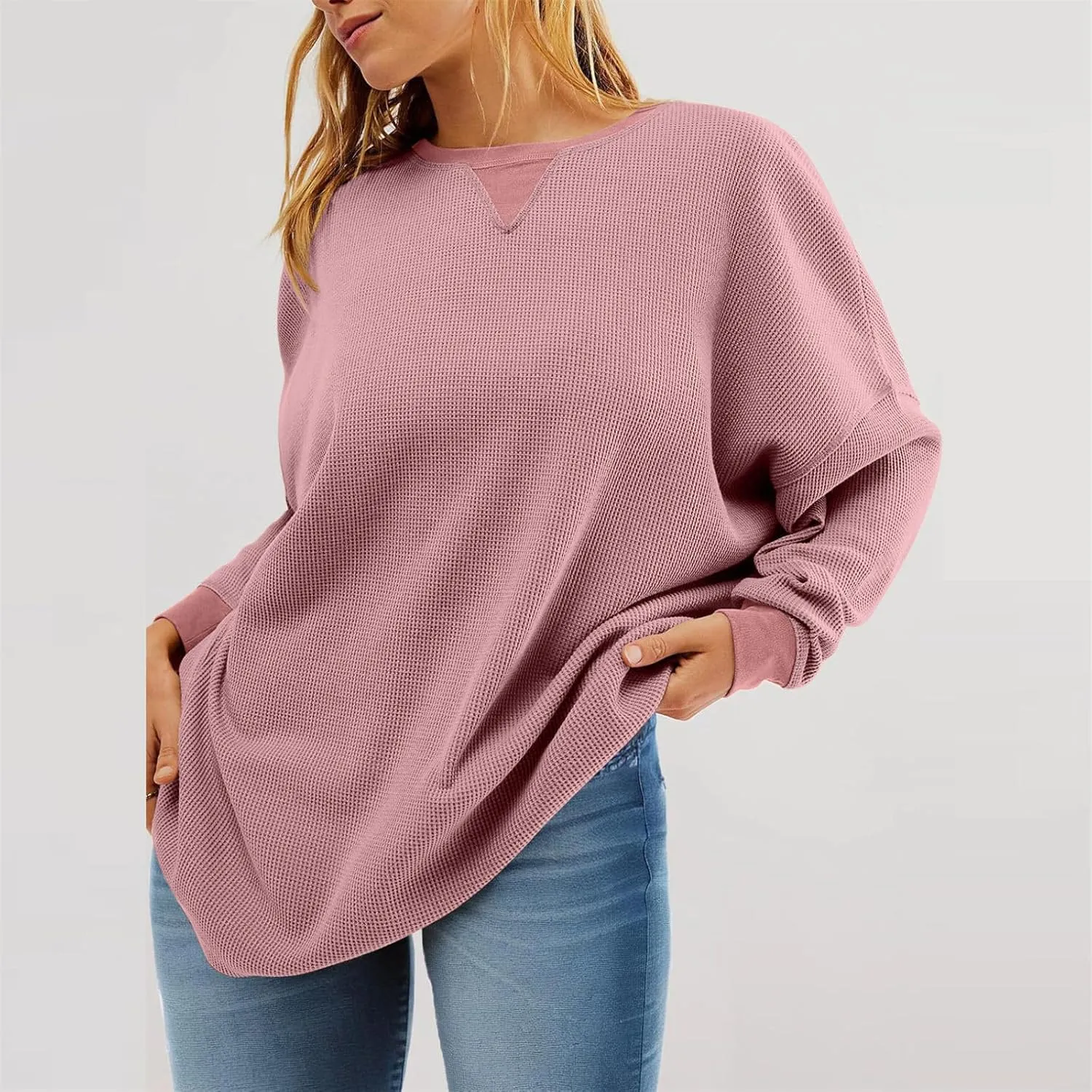 Womens Long Sleeve Crewneck Sweatshirt Trendy 2024 Casual Waffle Knit Pullover Tops Oversized Fall Sweatshirts