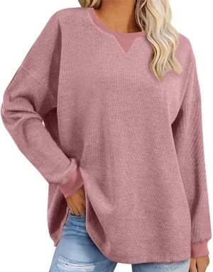 Womens Long Sleeve Crewneck Sweatshirt Trendy 2024 Casual Waffle Knit Pullover Tops Oversized Fall Sweatshirts