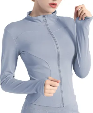 Women's Long Sleeve Running Jacket Sports Shirts Full Zip Quick Dry Yoga Fitness Top with Thumb Holes