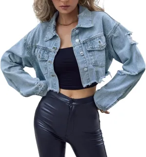 Women's Long Sleeve Short Ripped Distressed Jean Jacket Casual Fashion Boyfriend Style Cropped Denim Coat