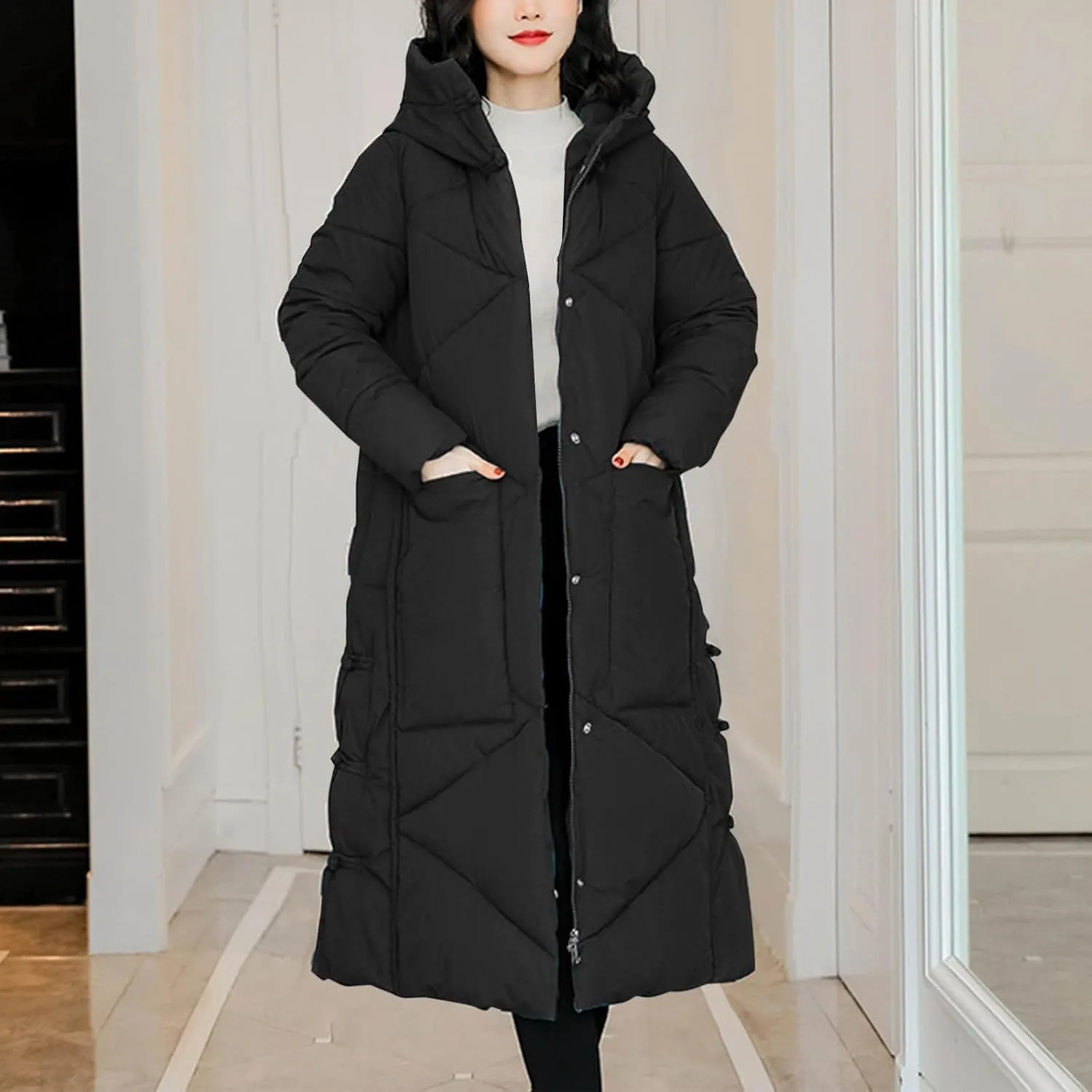 Women's Long Winter Puffer Coats Hooded Zip Up Thickened Parka Down Jackets Trendy Fashion Warm Outerwear 2024