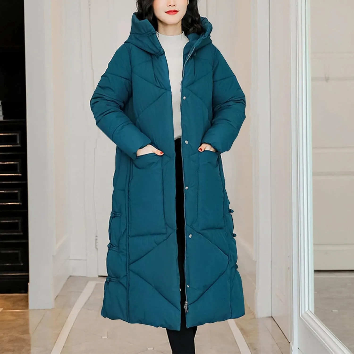 Women's Long Winter Puffer Coats Hooded Zip Up Thickened Parka Down Jackets Trendy Fashion Warm Outerwear 2024