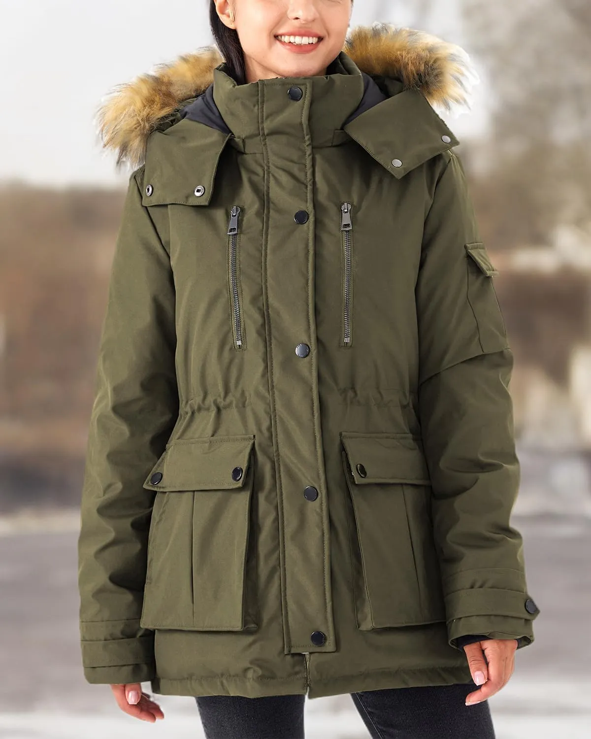Women's Mid Length Slim Fit Jacket Padded Puffer Warm Coat with Faux Fur Removable Hood