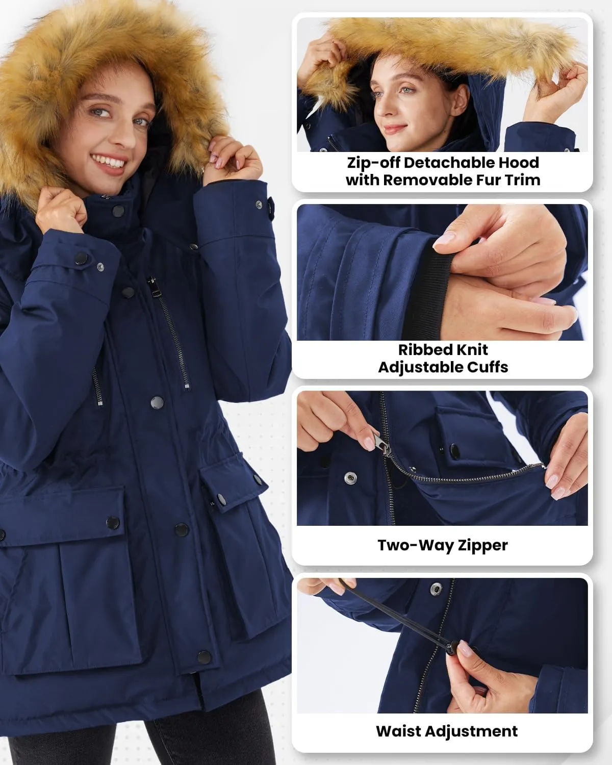 Women's Mid Length Slim Fit Jacket Padded Puffer Warm Coat with Faux Fur Removable Hood