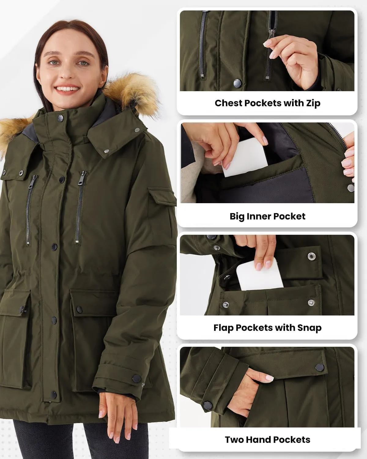 Women's Mid Length Slim Fit Jacket Padded Puffer Warm Coat with Faux Fur Removable Hood