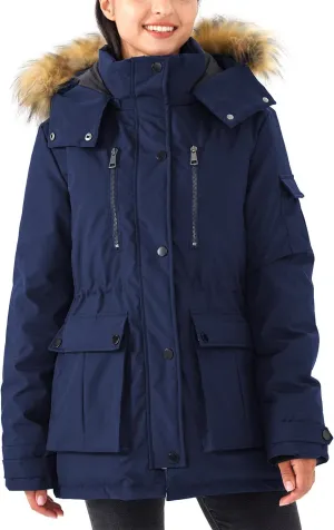 Women's Mid Length Slim Fit Jacket Padded Puffer Warm Coat with Faux Fur Removable Hood