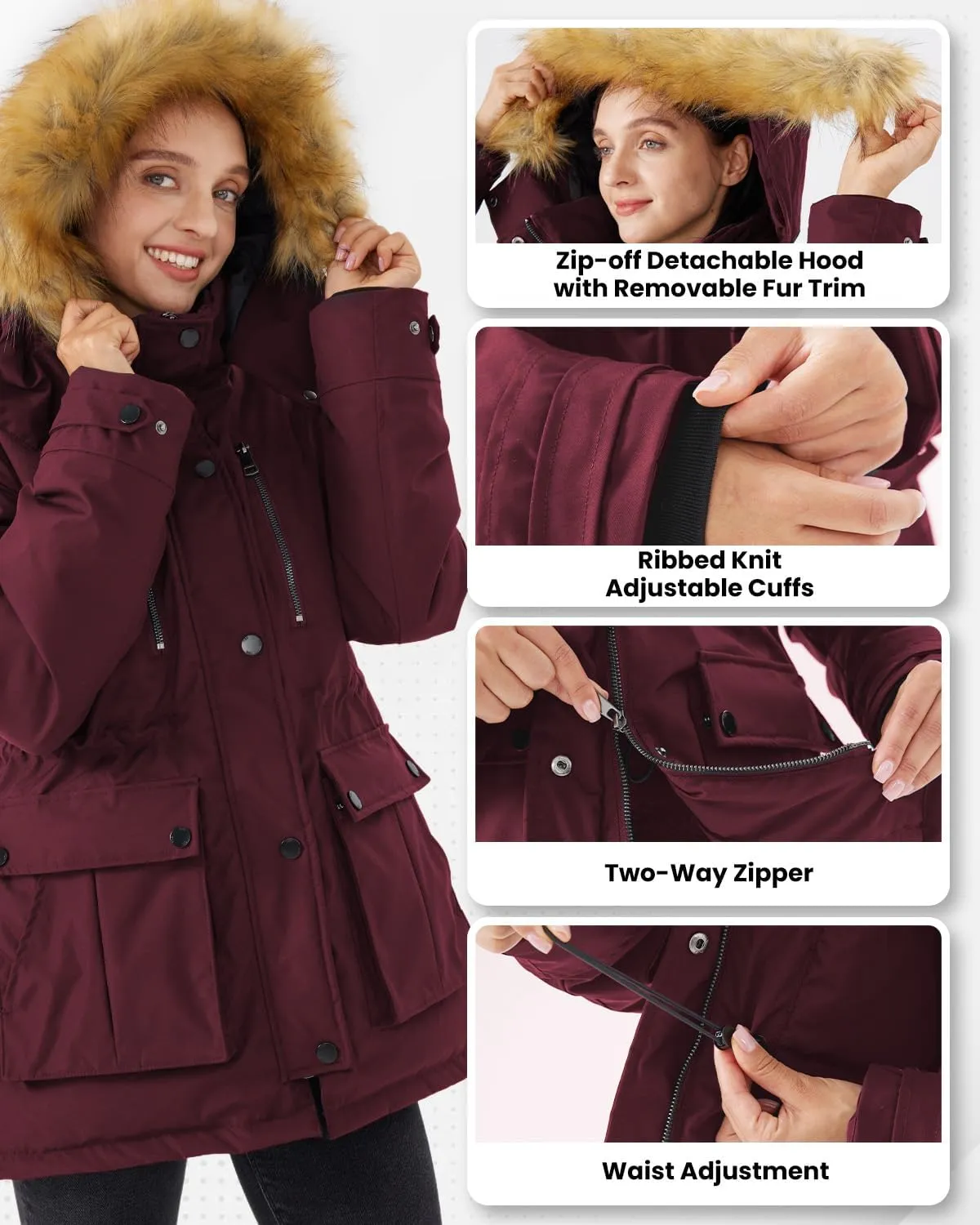 Women's Mid Length Slim Fit Jacket Padded Puffer Warm Coat with Faux Fur Removable Hood