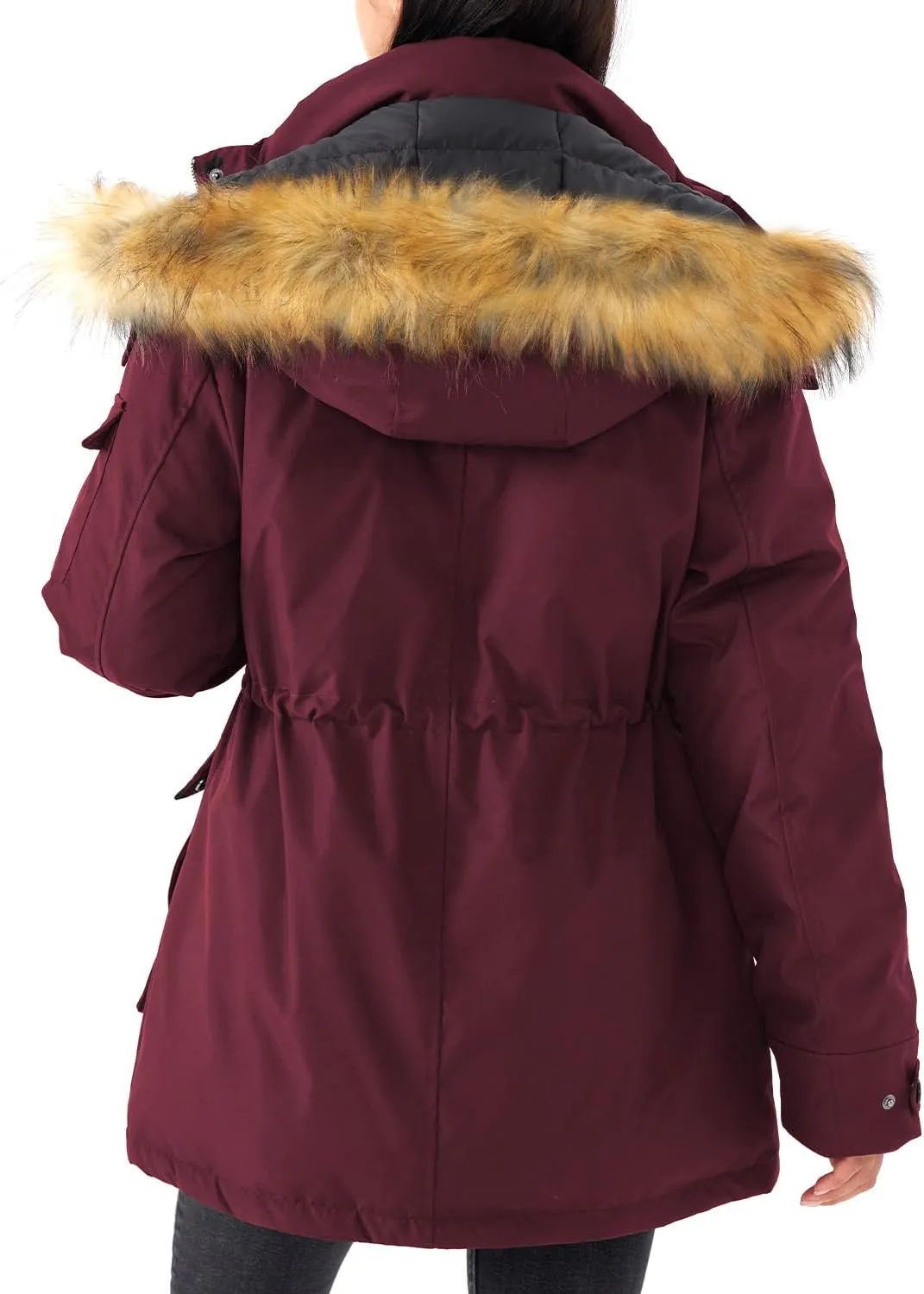 Women's Mid Length Slim Fit Jacket Padded Puffer Warm Coat with Faux Fur Removable Hood