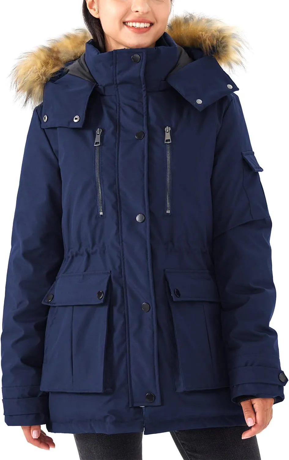 Women's Mid Length Slim Fit Jacket Padded Puffer Warm Coat with Faux Fur Removable Hood