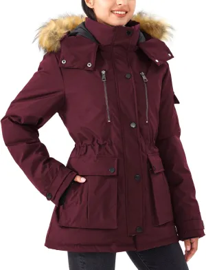 Women's Mid Length Slim Fit Jacket Padded Puffer Warm Coat with Faux Fur Removable Hood