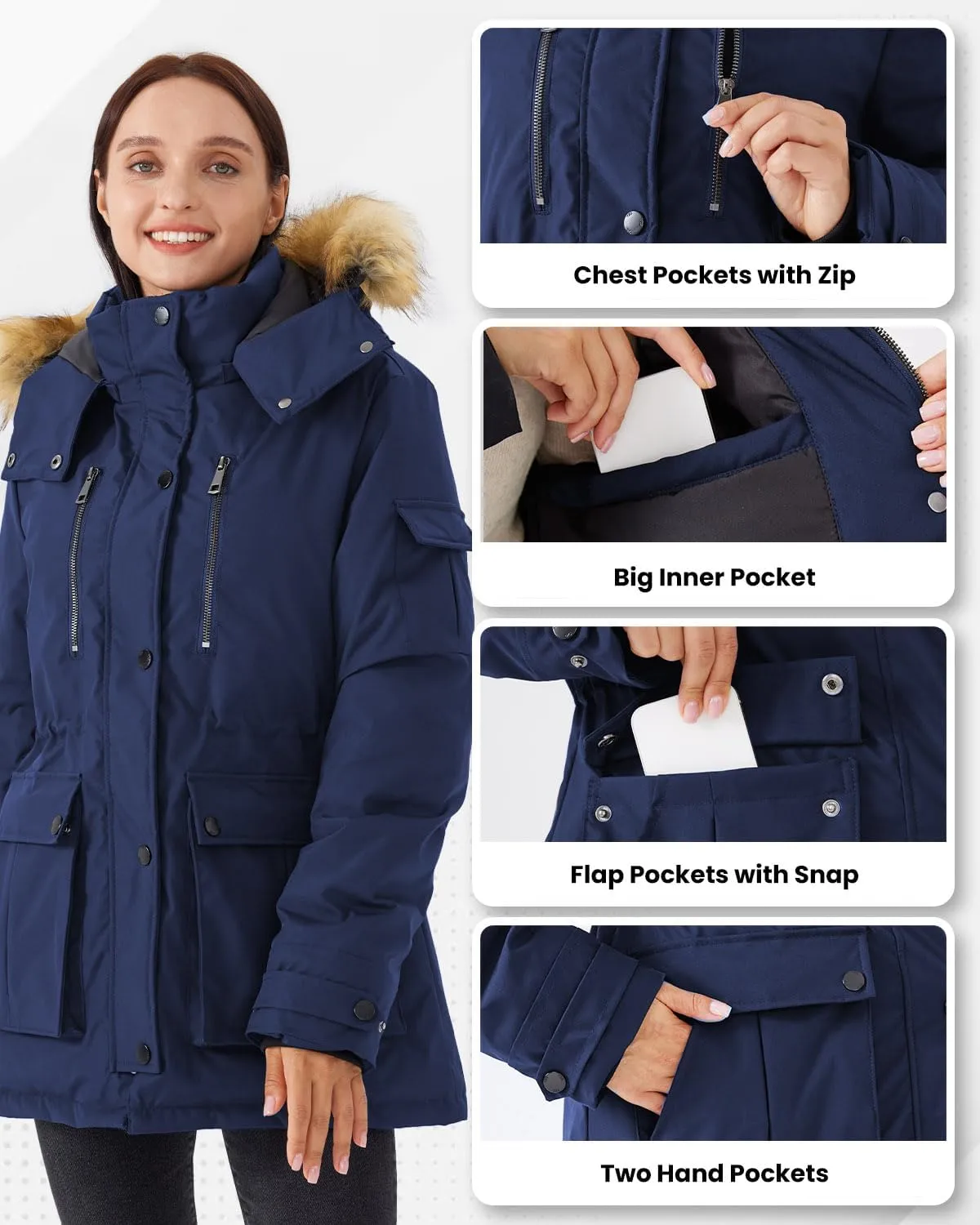 Women's Mid Length Slim Fit Jacket Padded Puffer Warm Coat with Faux Fur Removable Hood