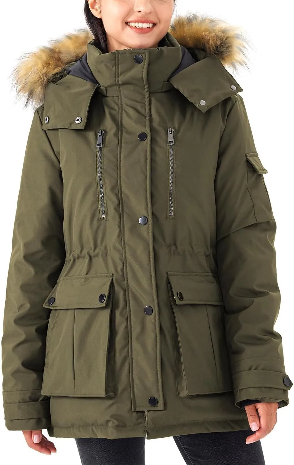 Women's Mid Length Slim Fit Jacket Padded Puffer Warm Coat with Faux Fur Removable Hood
