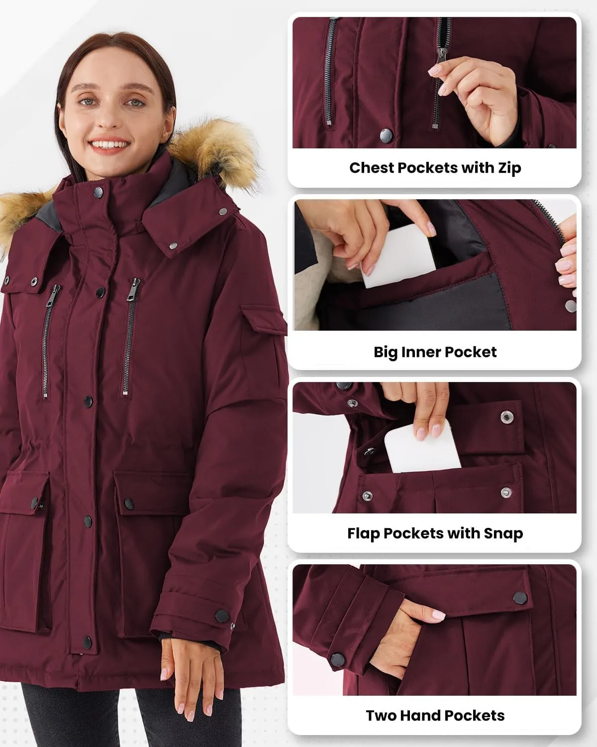Women's Mid Length Slim Fit Jacket Padded Puffer Warm Coat with Faux Fur Removable Hood