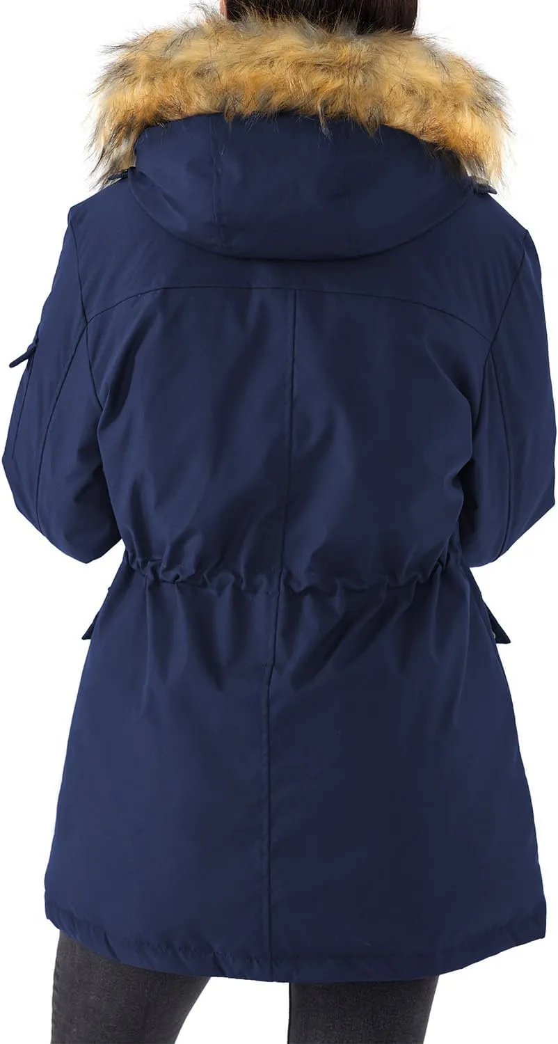 Women's Mid Length Slim Fit Jacket Padded Puffer Warm Coat with Faux Fur Removable Hood