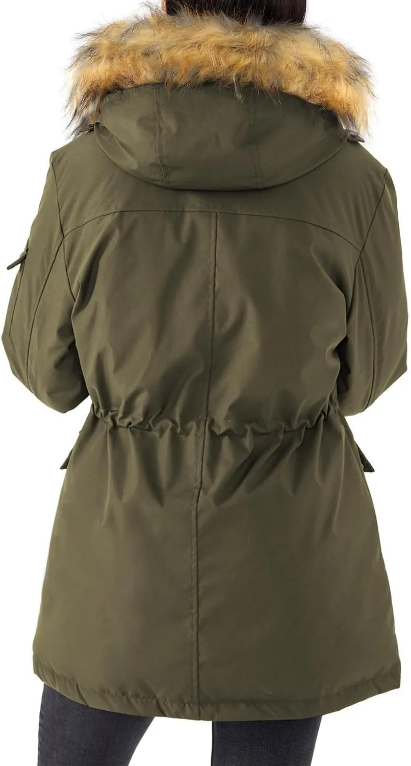 Women's Mid Length Slim Fit Jacket Padded Puffer Warm Coat with Faux Fur Removable Hood