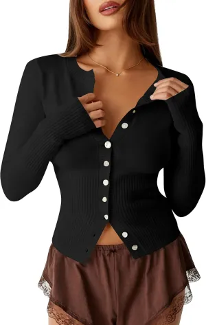 Womens Open Front Button Up Cropped Cardigan Ribbed Knit Long Sleeve Shirt Casual Solid Crop Top Cardigan Sweater