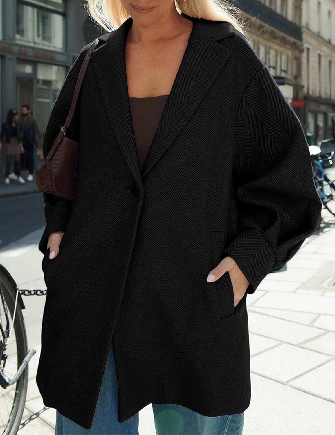 Women's Oversized Winter Wool Coat Casual Notched Lapel Single Breasted Balloon Sleeves Peacoat Jacket