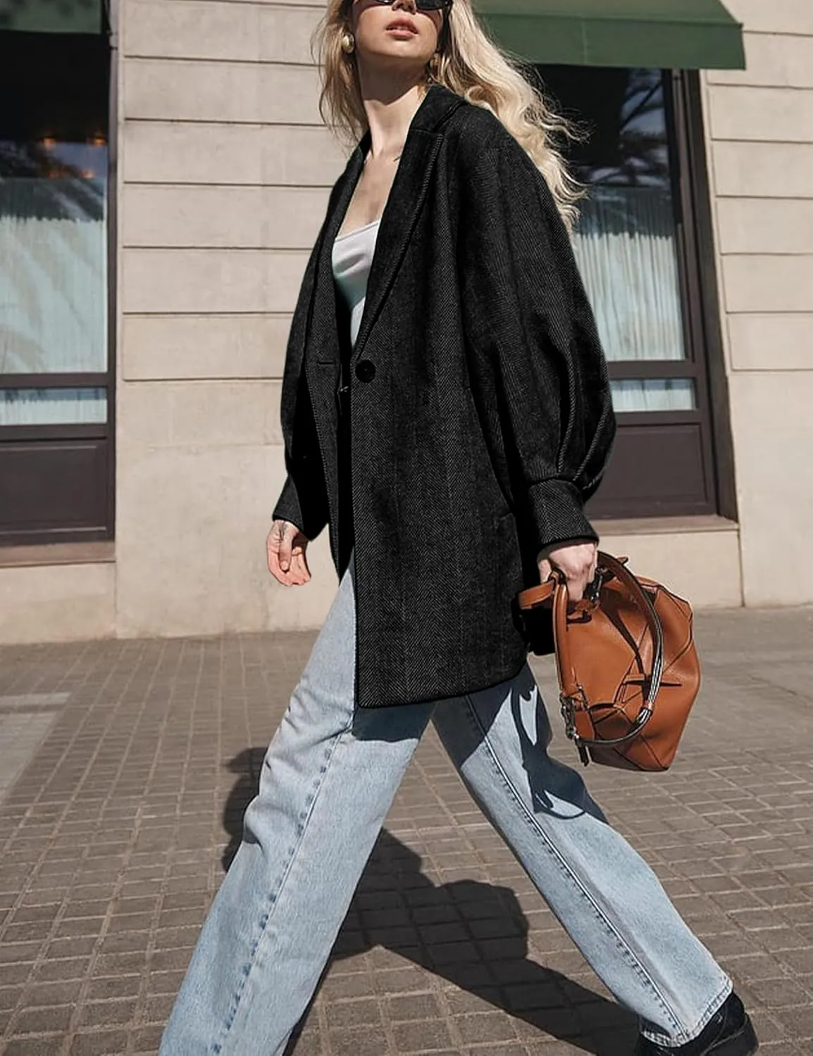 Women's Oversized Winter Wool Coat Casual Notched Lapel Single Breasted Balloon Sleeves Peacoat Jacket