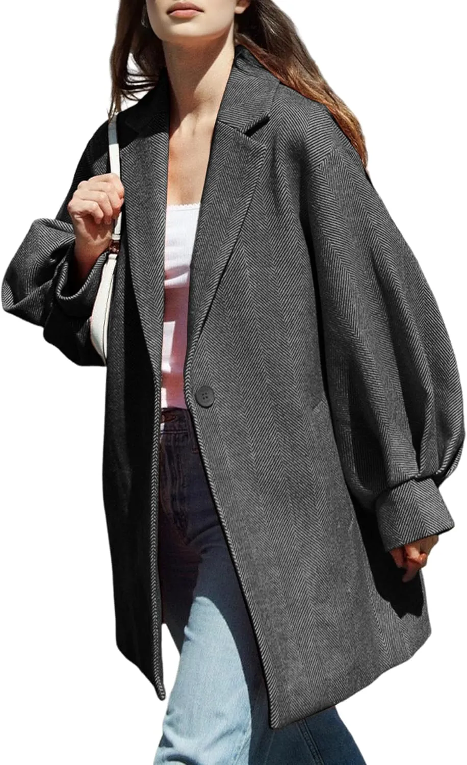 Women's Oversized Winter Wool Coat Casual Notched Lapel Single Breasted Balloon Sleeves Peacoat Jacket