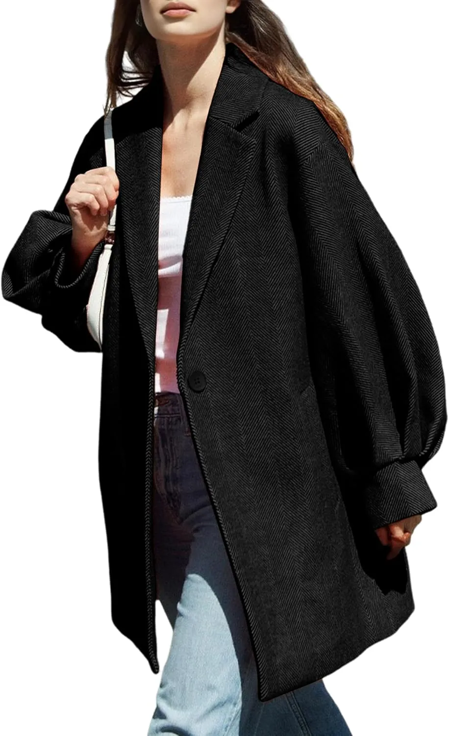 Women's Oversized Winter Wool Coat Casual Notched Lapel Single Breasted Balloon Sleeves Peacoat Jacket