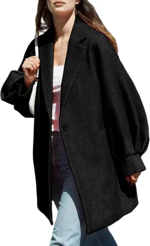 Women's Oversized Winter Wool Coat Casual Notched Lapel Single Breasted Balloon Sleeves Peacoat Jacket