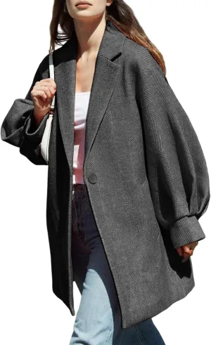 Women's Oversized Winter Wool Coat Casual Notched Lapel Single Breasted Balloon Sleeves Peacoat Jacket