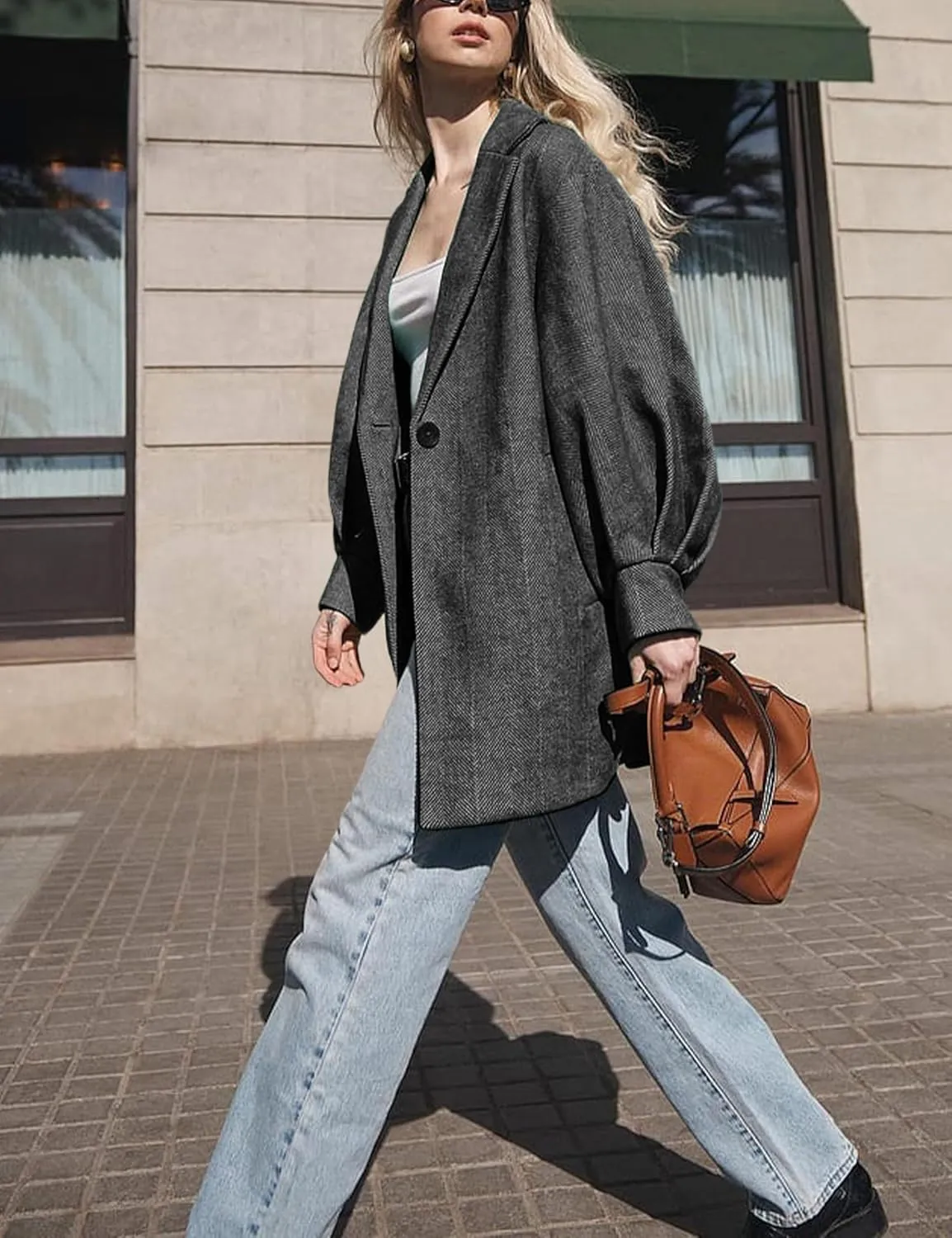 Women's Oversized Winter Wool Coat Casual Notched Lapel Single Breasted Balloon Sleeves Peacoat Jacket