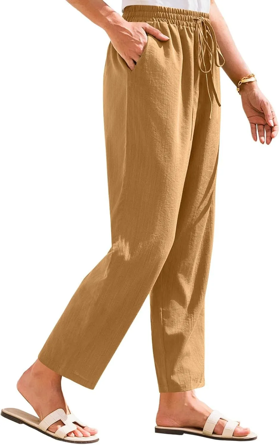 Women's Pants, Linen Casual Lounge Pants Peasant Straight Leg Elastic Waist Wide