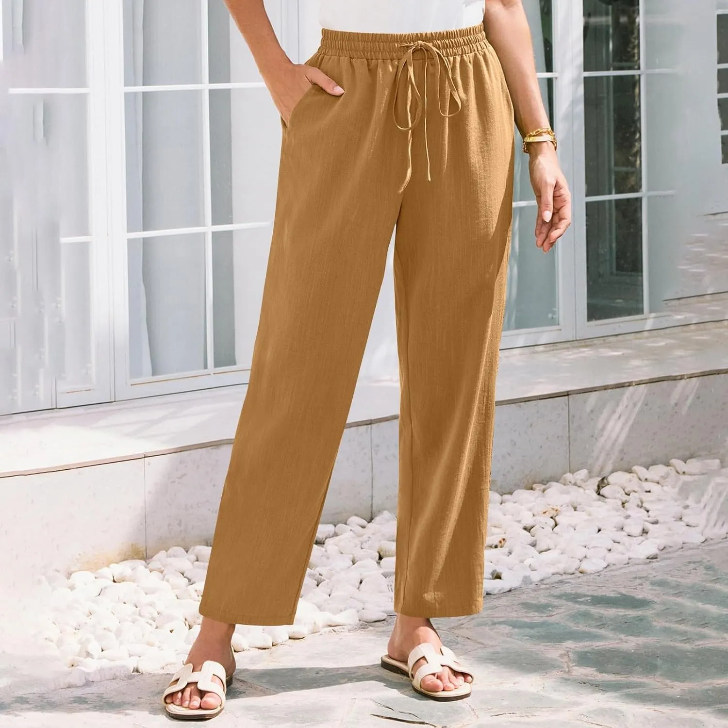 Women's Pants, Linen Casual Lounge Pants Peasant Straight Leg Elastic Waist Wide