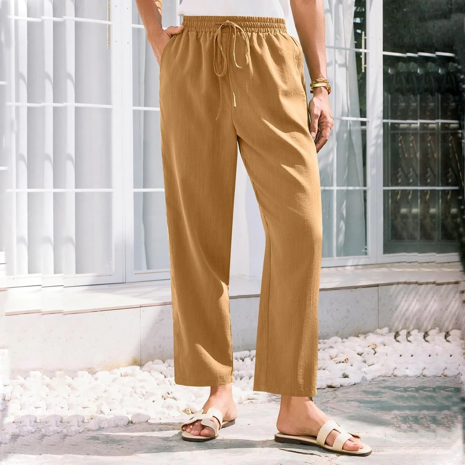 Women's Pants, Linen Casual Lounge Pants Peasant Straight Leg Elastic Waist Wide