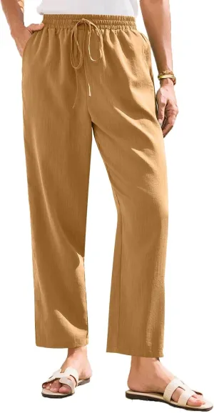 Women's Pants, Linen Casual Lounge Pants Peasant Straight Leg Elastic Waist Wide