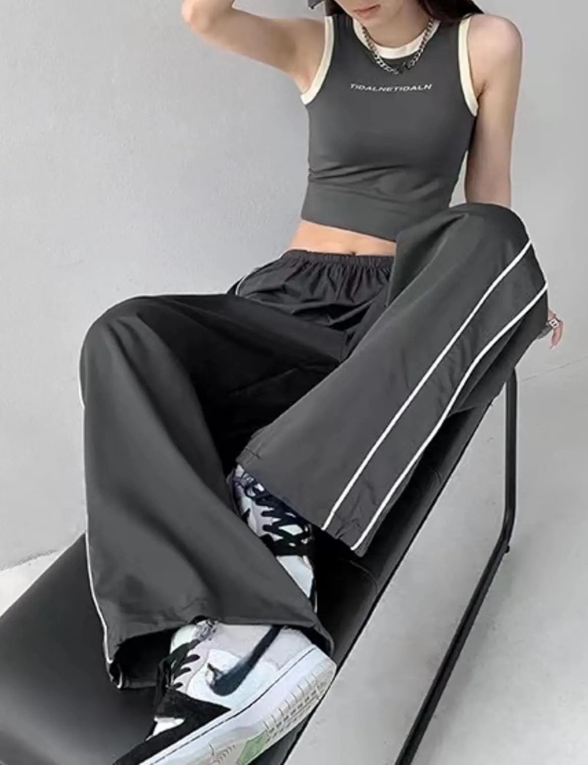 Womens Parachute Pants Y2k Baggy Wide Leg Track Pants Elastic Waist Jogger Sweatpants Hiking Pants Trousers 