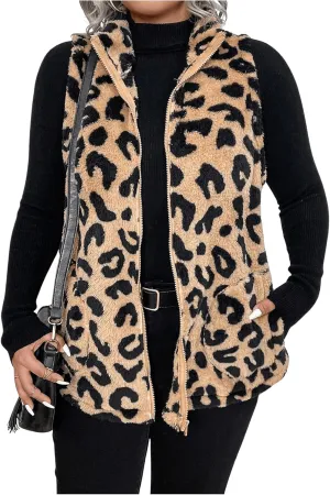 Women's Plus Size Leopard Vest Zip Up Sleeveless Fuzzy Jackets Coat with Pockets