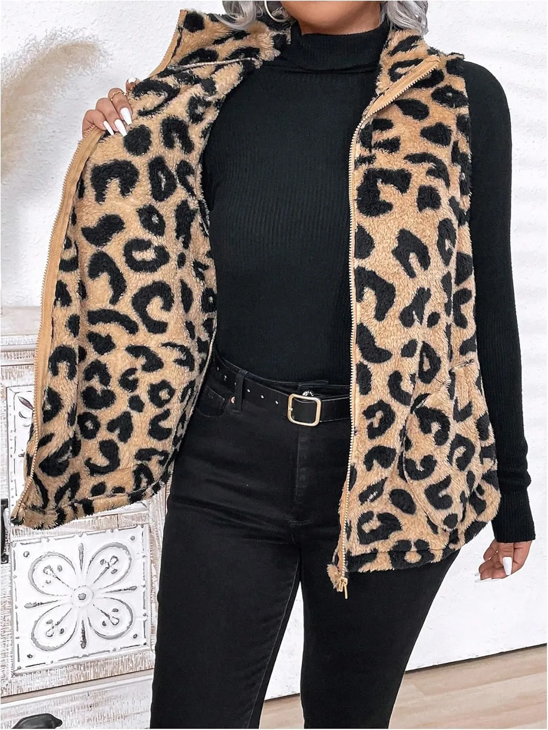 Women's Plus Size Leopard Vest Zip Up Sleeveless Fuzzy Jackets Coat with Pockets