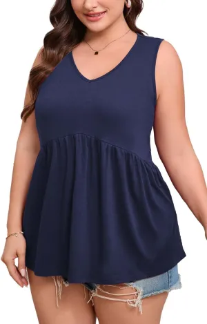 Women's Plus Size Tank Tops 2025 Sleeveless Pleated V Neck Blouse Casual Loose Fit Summer Tops for Curvy Women