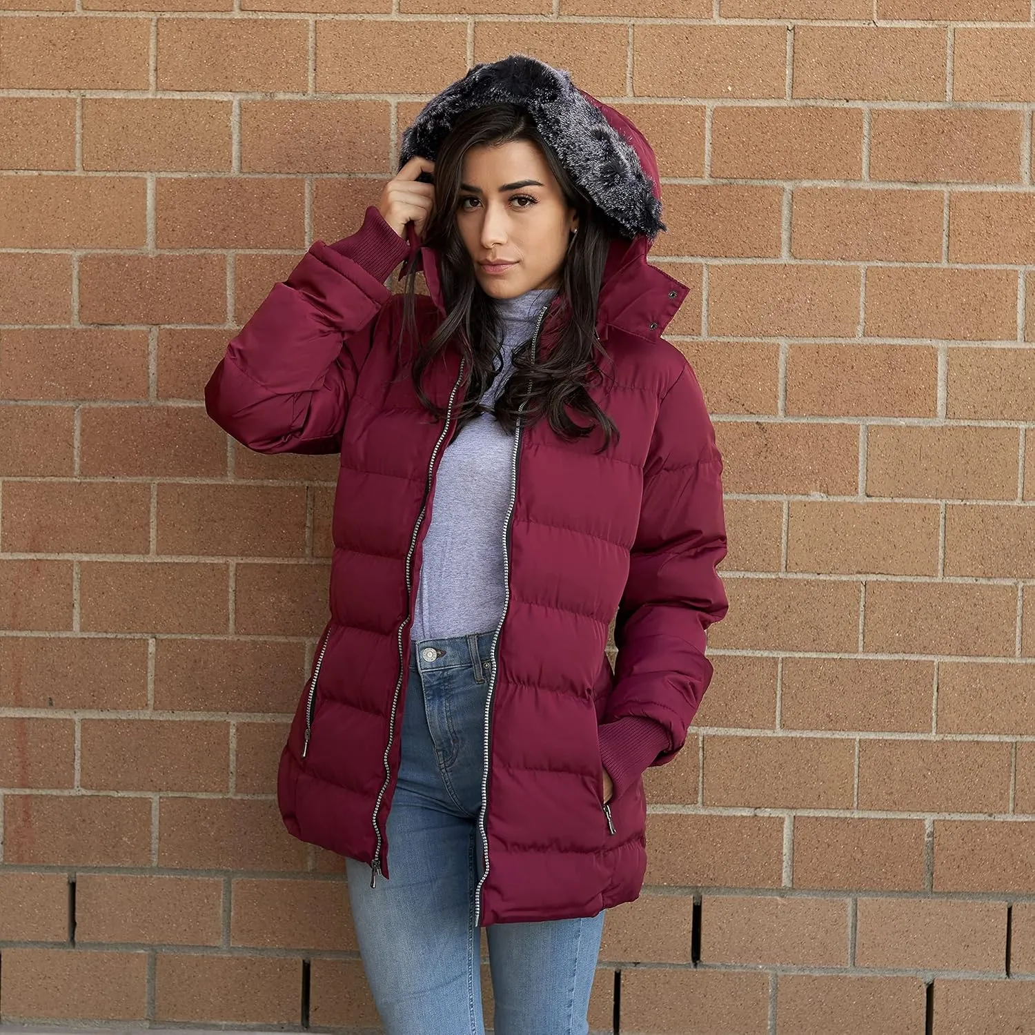 Women's Puffer Coat with Faux-Fur Detachable Hood